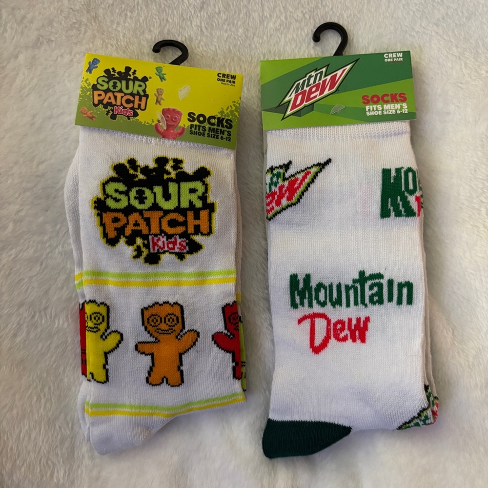 (2 Pair Lot!) NEW Men's Sour Patch Kids & Mtn Mountain Dew Novelty Crew Socks